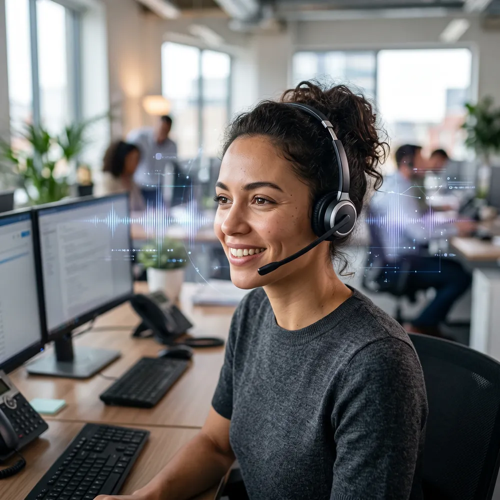 Agente de atención con auriculares sonriendo en su puesto de trabajo