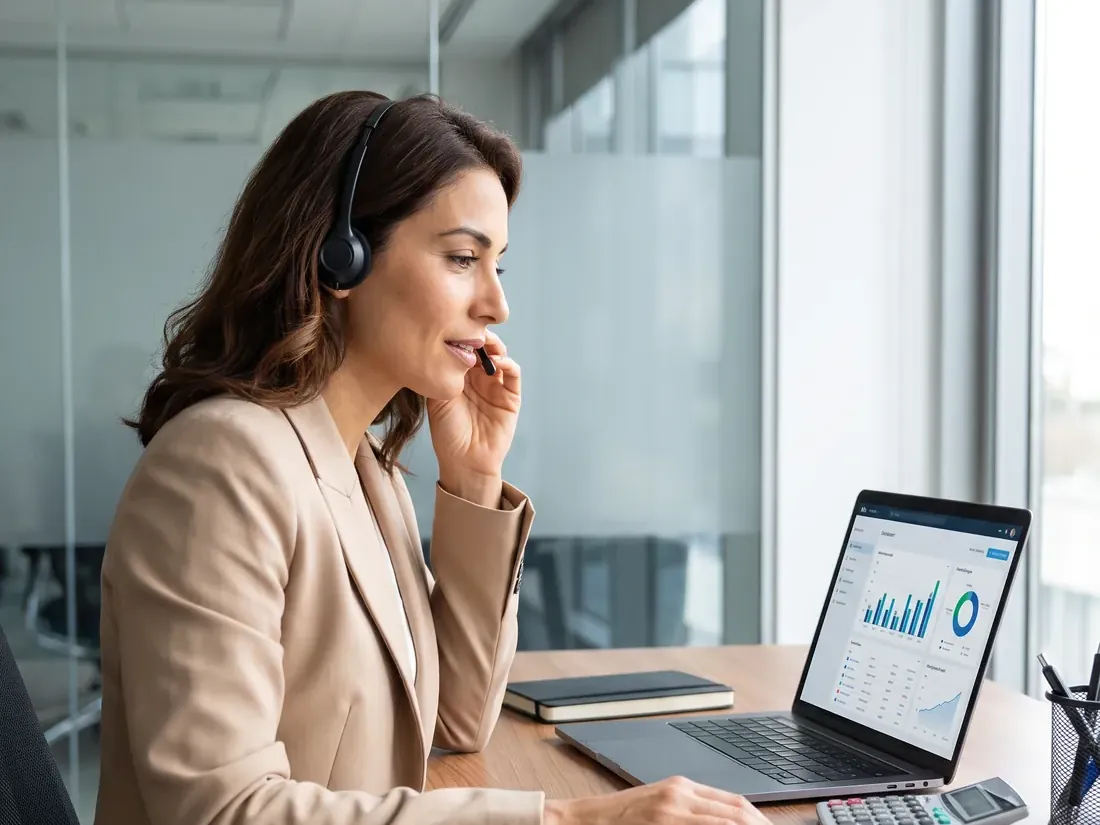 Asesora de banca y seguros hablando por auriculares frente a una laptop con gráficos