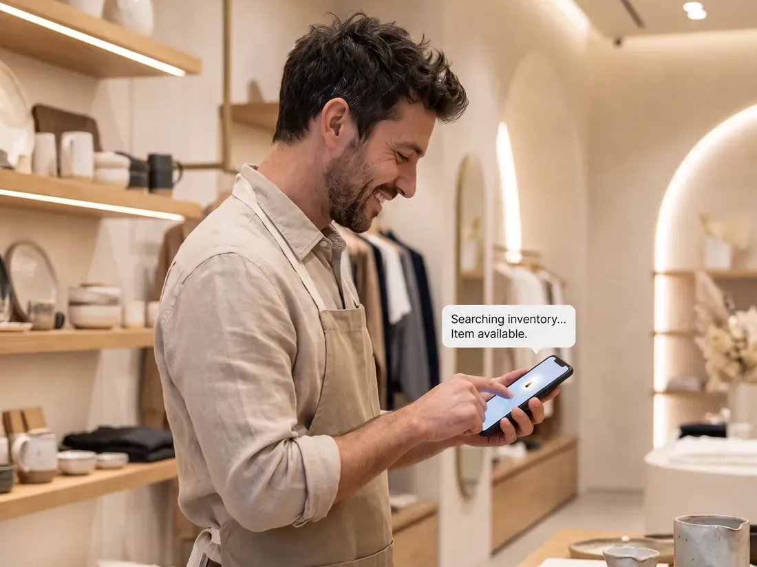 Vendedor de una tienda consultando el stock en el celular