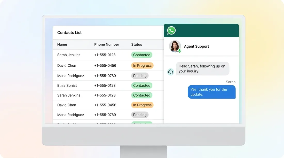 Campaña masiva de WhatsApp: lista de contactos con su estado y la conversación de seguimiento