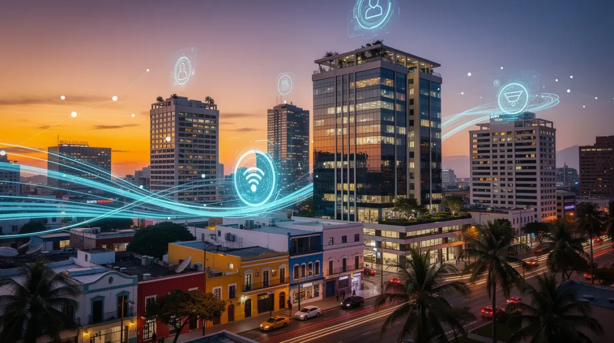 Una vibrante línea de horizonte de una ciudad latinoamericana al atardecer, donde se destacan modernos edificios de oficinas y símbolos de conectividad digital que representan la inteligencia artificial. La imagen refleja un entorno dinámico que sugiere oportunidades de negocio y el uso de herramientas de IA en ventas para mejorar la experiencia del cliente.