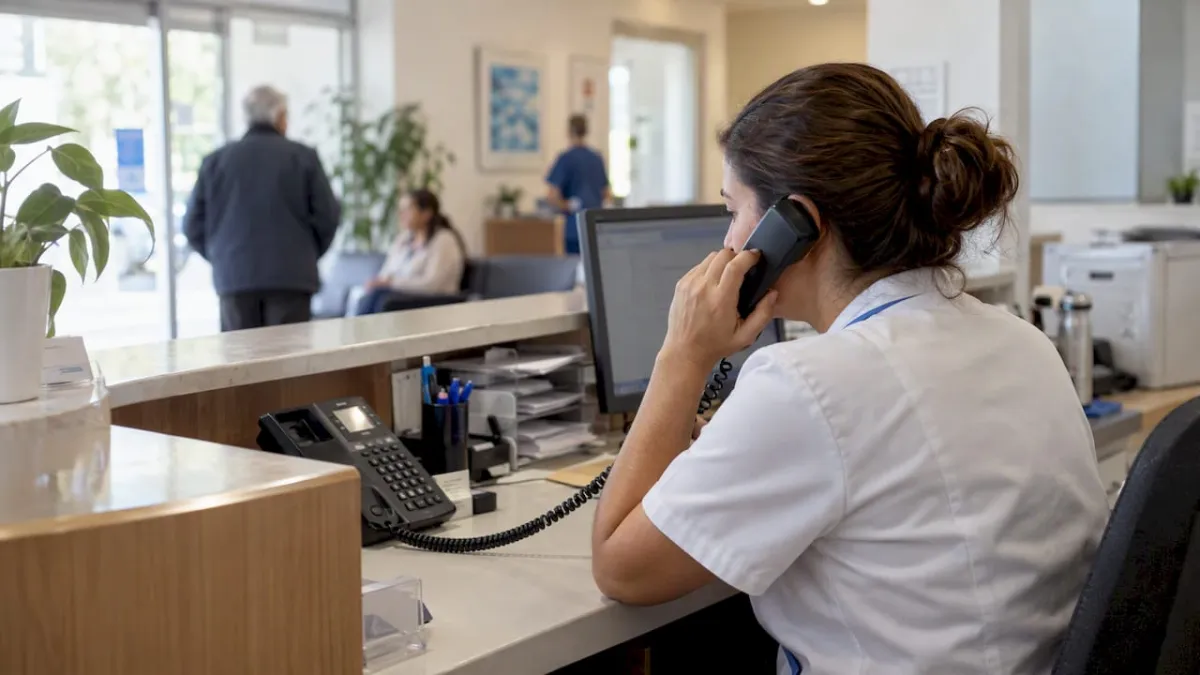 Recepcionista contestando una llamada en la clínica