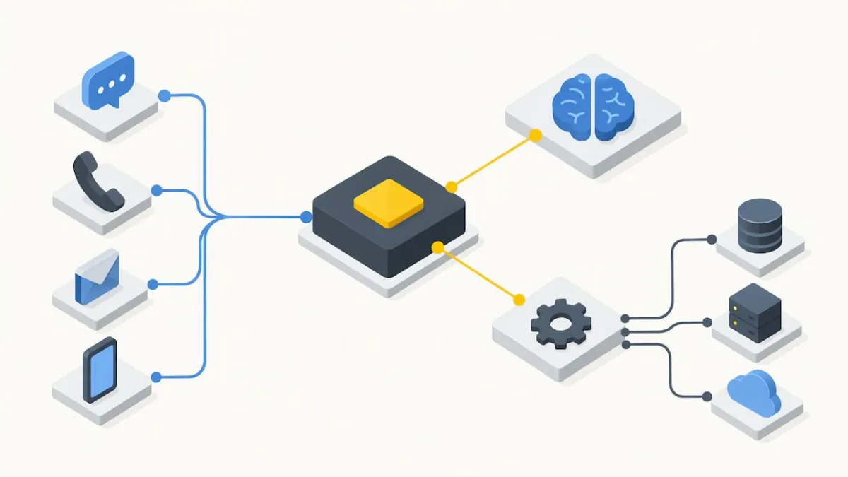 Capas modulares y conexiones de un agente de inteligencia artificial
