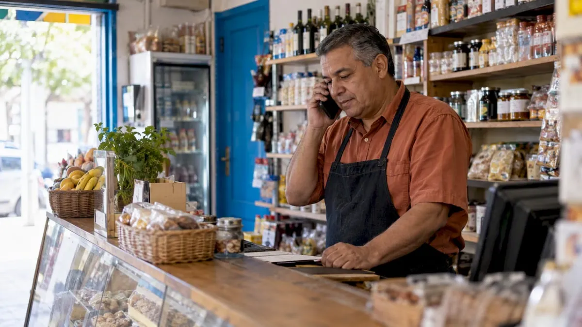 Comerciante respondiendo una consulta por teléfono