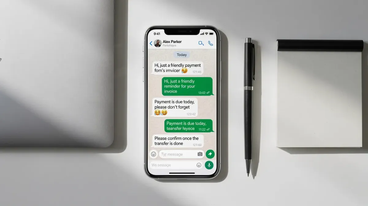 Una imagen de un smartphone que muestra una conversación de WhatsApp con mensajes de recordatorios de pago, colocado sobre un escritorio limpio. Esta representación ilustra la automatización de cobranzas con inteligencia artificial, destacando la importancia de la gestión de cobranzas y la comunicación con los clientes.