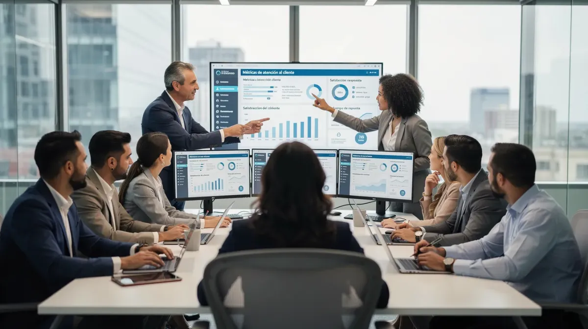 Un equipo de profesionales se encuentra en una sala de reuniones analizando métricas de atención al cliente en pantallas de ordenador. En la imagen se reflejan datos sobre interacciones en centros de llamadas y la satisfacción del cliente, mostrando la importancia de la gestión en los contact centers.