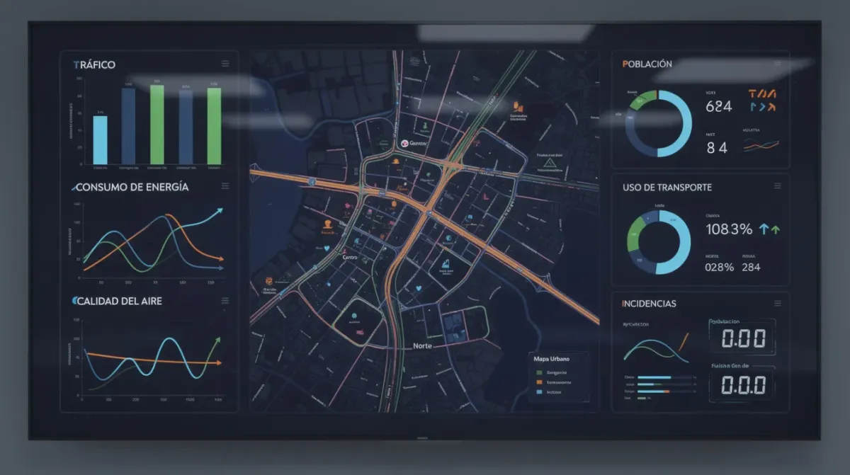 Imagen de un panel de control digital que muestra gráficos y mapas de datos urbanos, utilizado por gobiernos locales para la gestión y análisis de información en tiempo real. Este sistema, que incorpora inteligencia artificial, ayuda en la toma de decisiones y mejora la administración pública en América Latina.