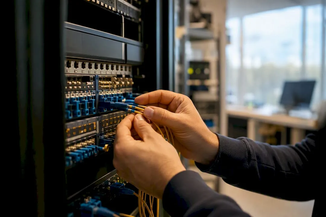 Manos conectando un cable de fibra óptica en la sala de servidores
