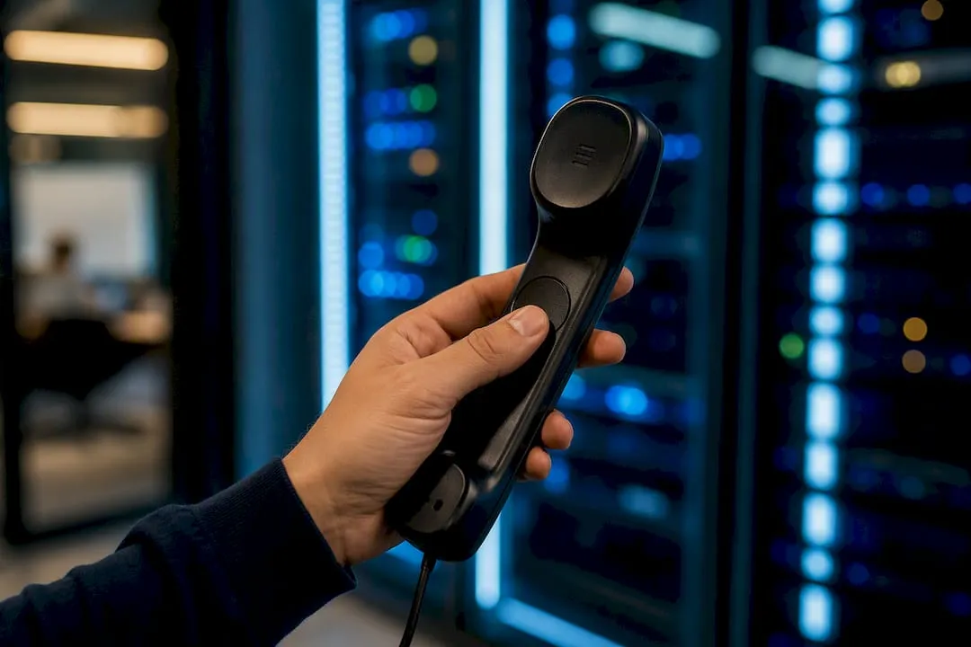 Una mano sostiene el auricular de un teléfono junto a equipos de telecomunicaciones.
