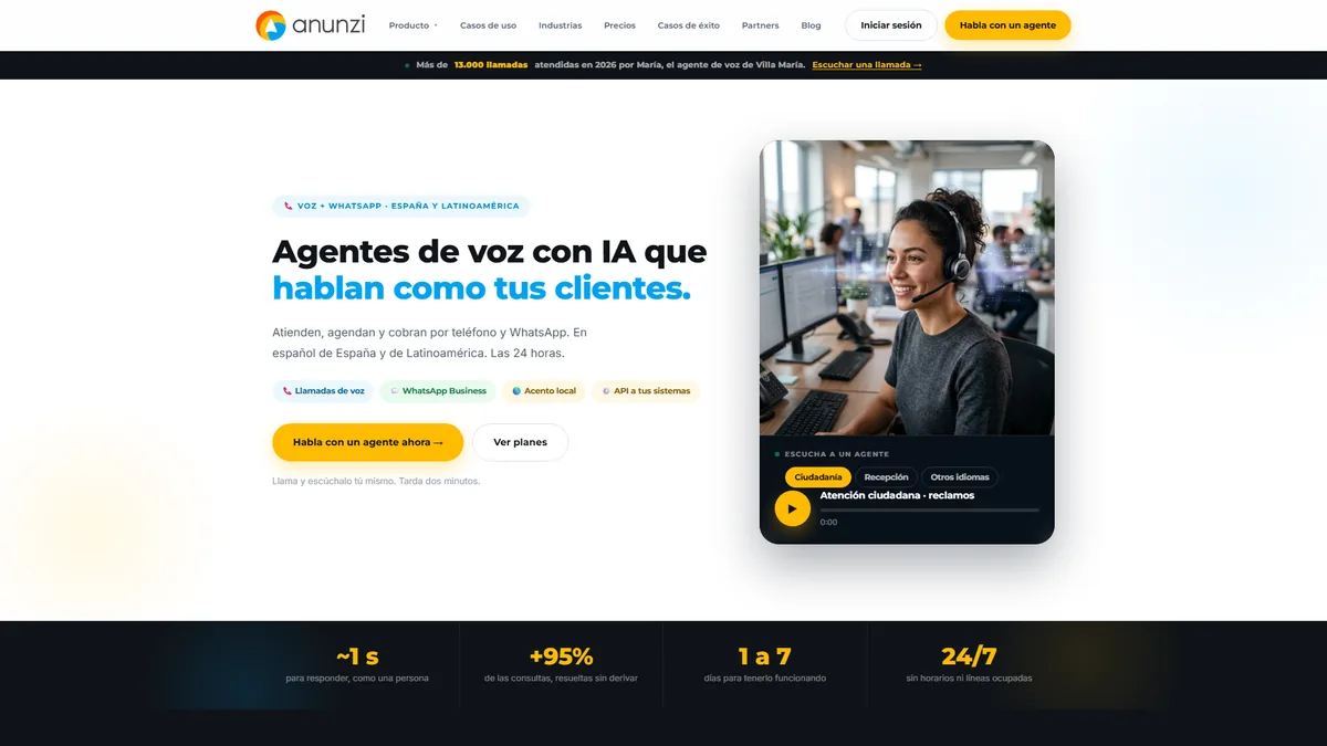 Página de inicio de Anunzi: agentes de voz con IA que hablan como tus clientes