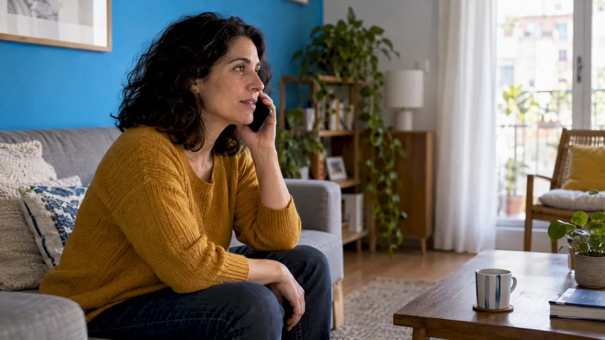 Mujer respondiendo una llamada desde casa