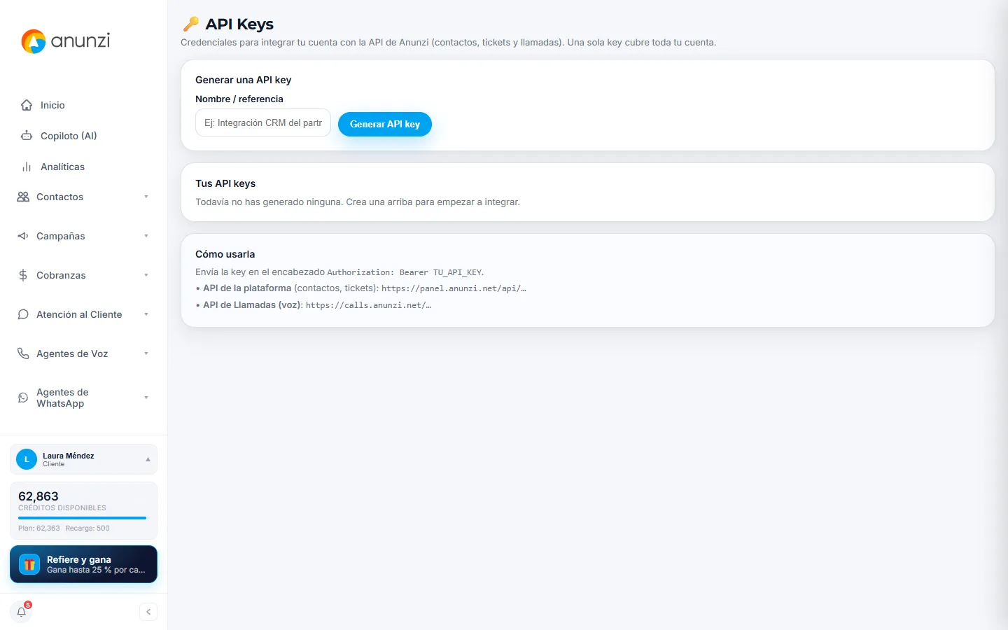 Pantalla API Keys