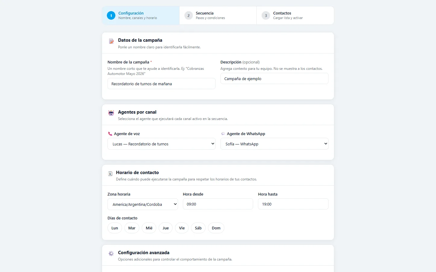 Paso 1 de la campaña: configuración