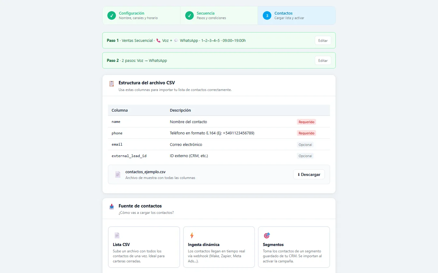 Paso 3 de la campaña: contactos