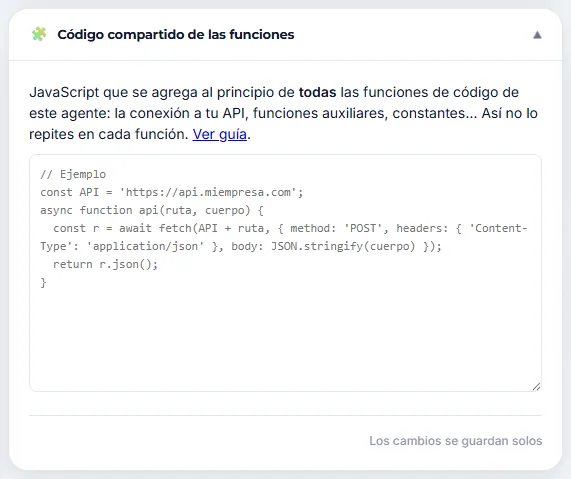 Sección Código compartido de las funciones