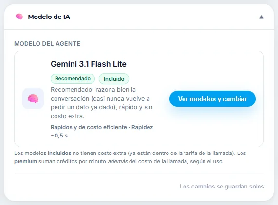 Sección Modelo de IA de la ficha